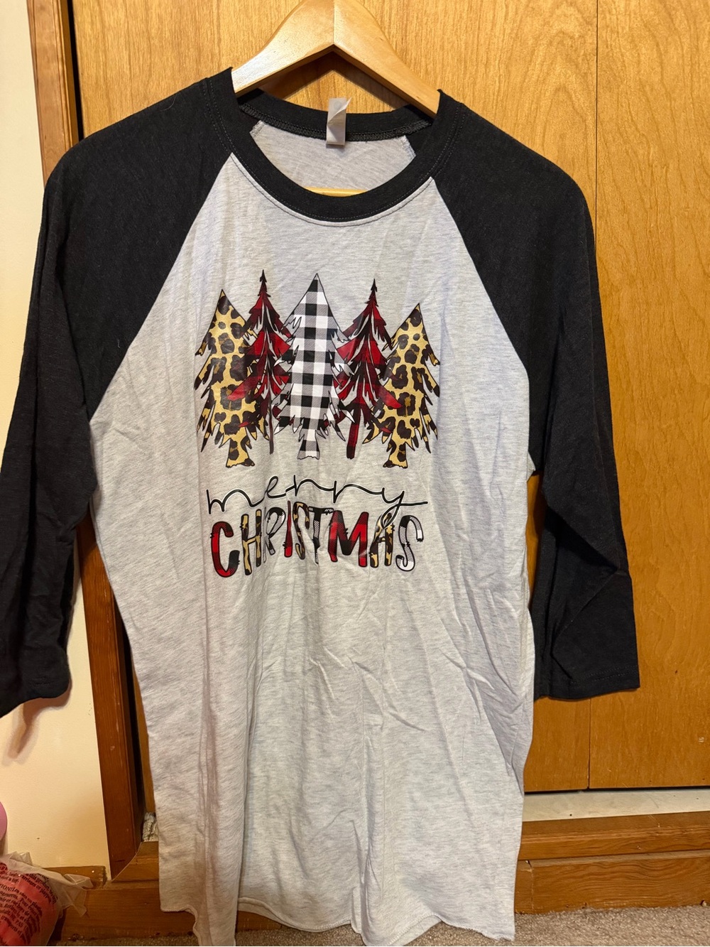 Next Level Apparel Black & Grey Raglan Long Sleeve Tee with Holiday Tree Graphic